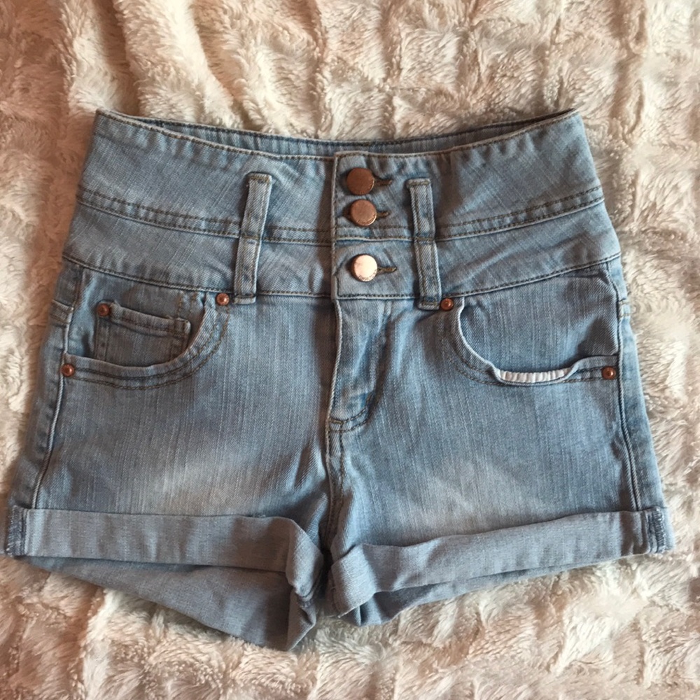 High rise light wash shorts